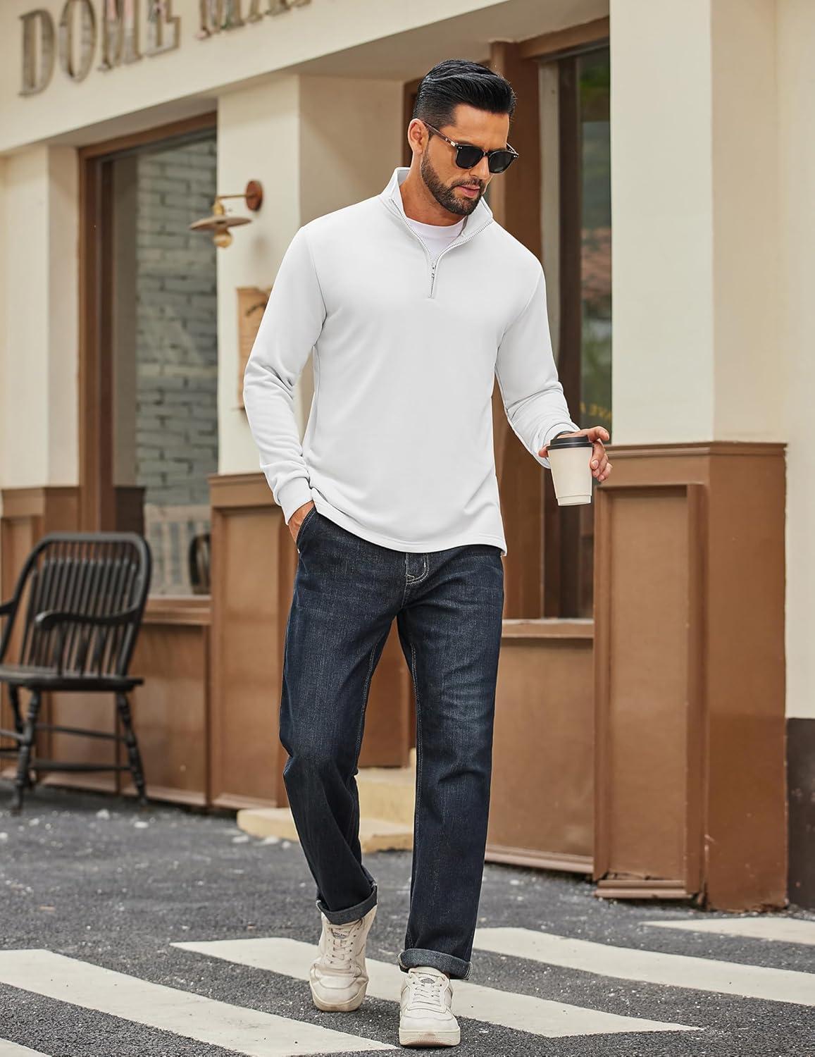 imageCOOFANDY Mens Quarter Zip Pullover Sweatshirt Mock Neck Quilted Sweatshirt Lightweight Casual Long Sleeve Polo ShirtWhite