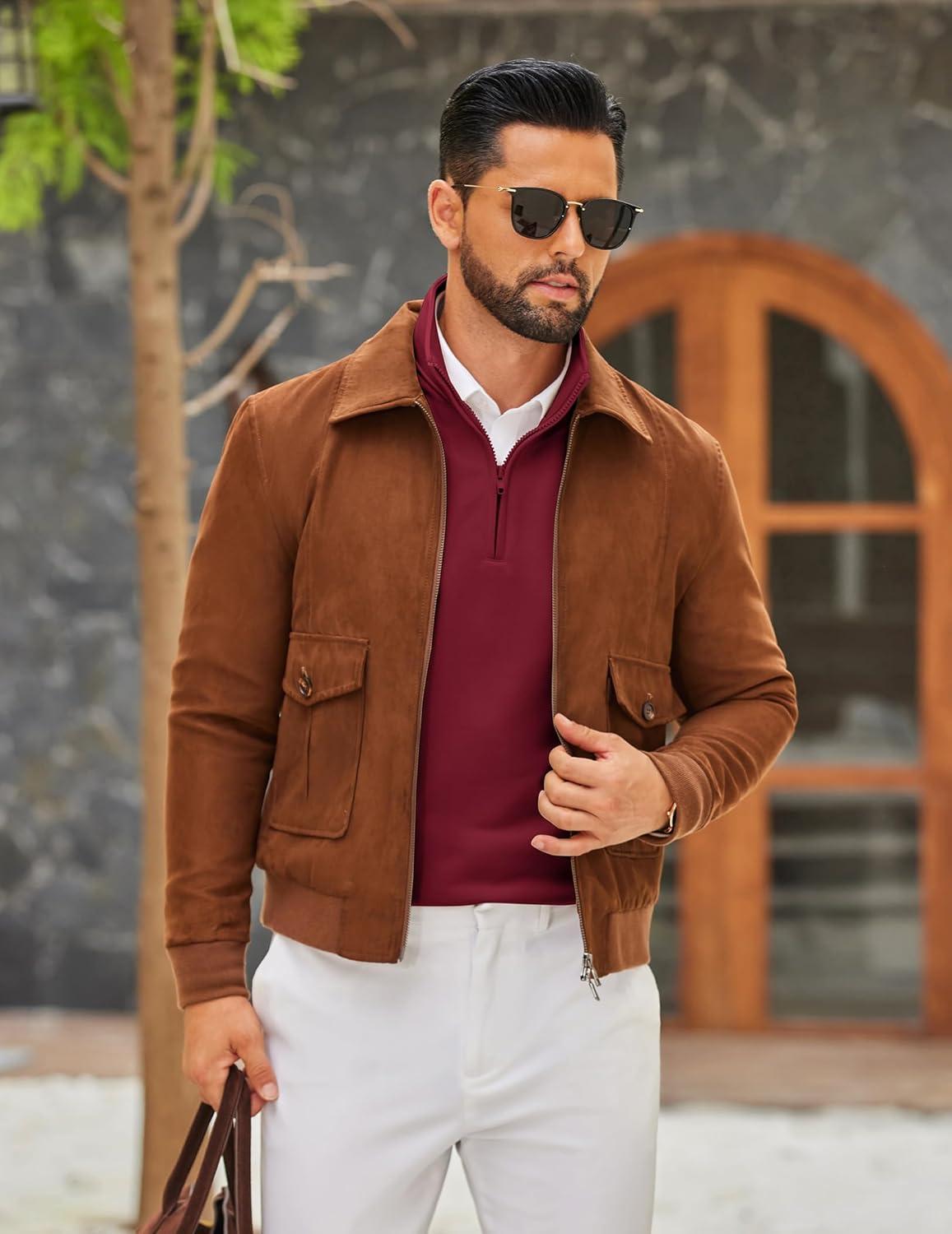 imageCOOFANDY Mens Quarter Zip Pullover Sweatshirt Mock Neck Quilted Sweatshirt Lightweight Casual Long Sleeve Polo ShirtWine Red