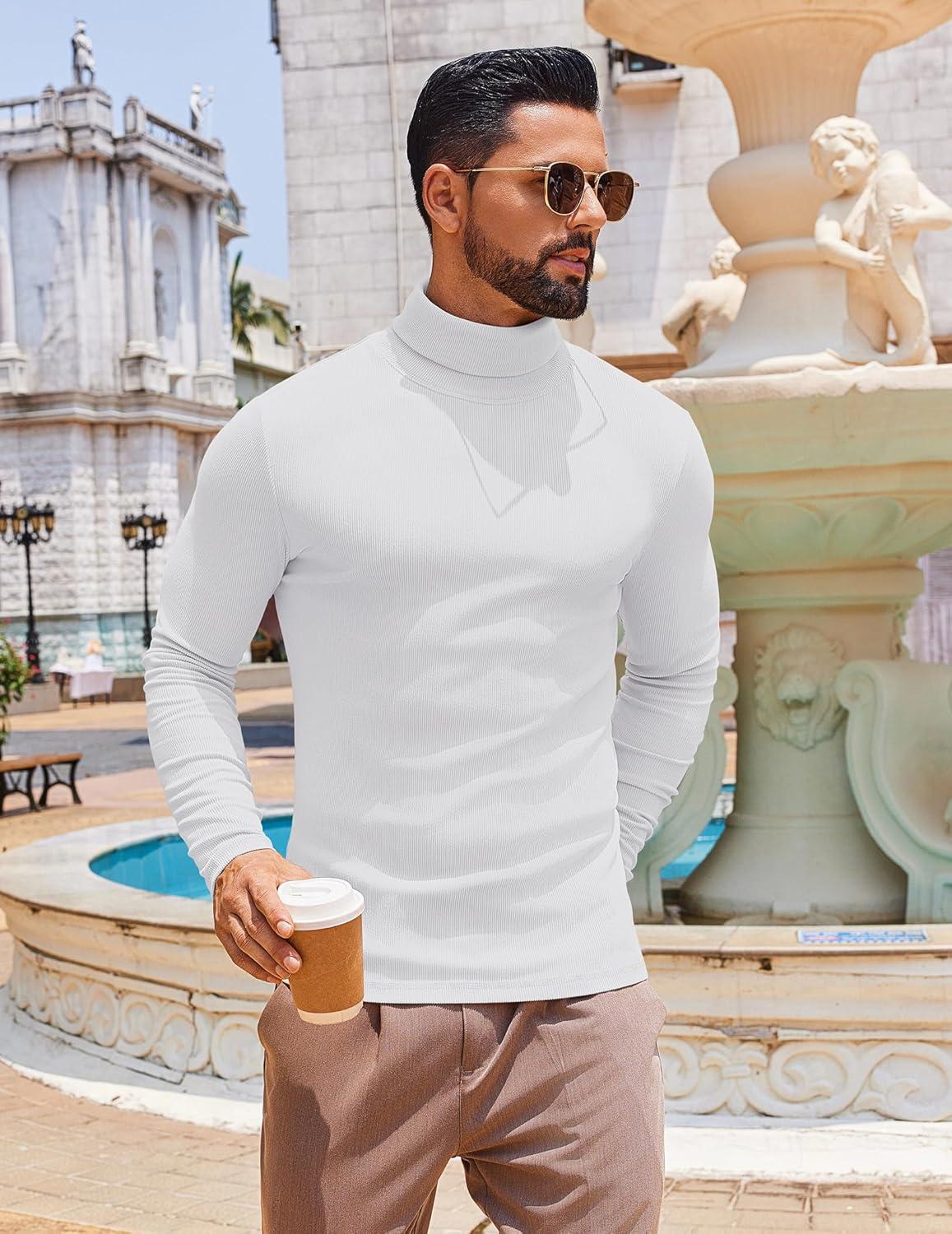 imageCOOFANDY Mens Slim Fit Turtleneck Sweater Long Sleeve Ribbed Turtle Neck Casual Lightweight Basic Pullover SweatersWhite