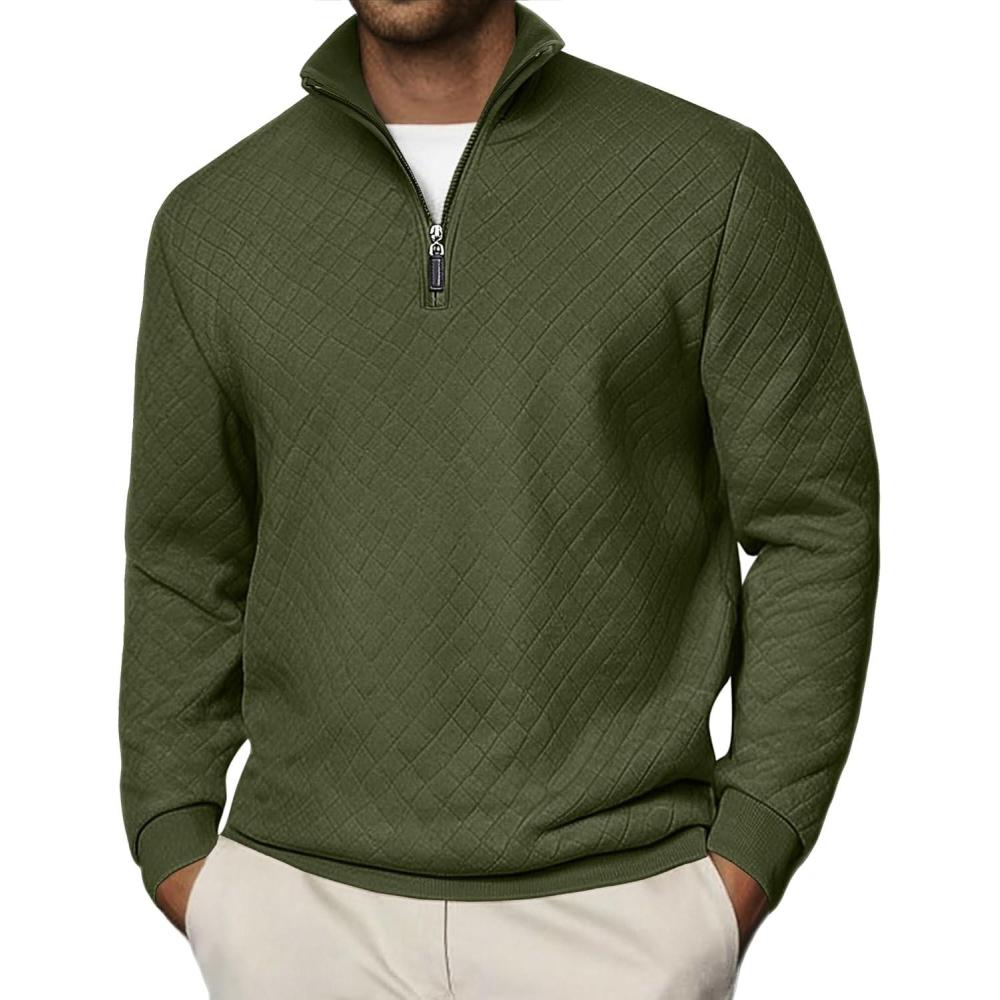 imageCOOFANDY Men Quarter Zip Pullover Long Sleeve Quilted Sweatshirt Waffle Casual Collared Sweatshirts Mock Neck Winter PoloArmy Green