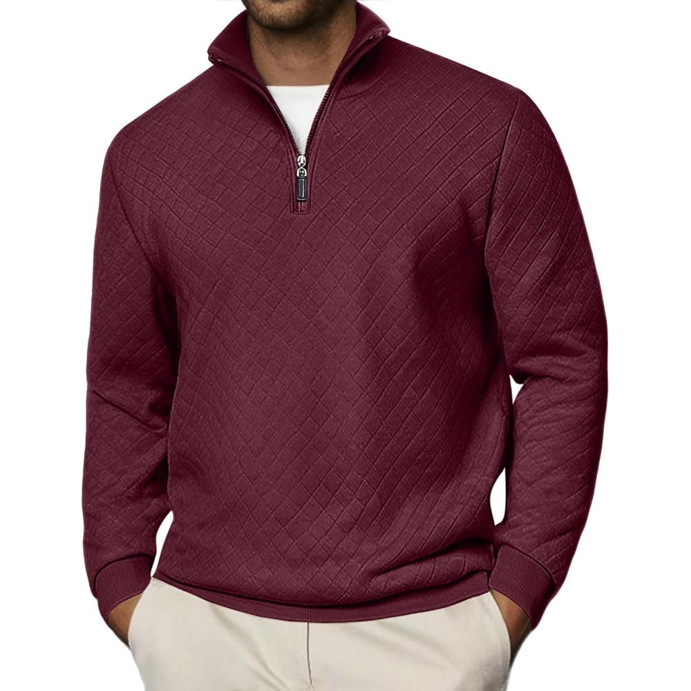 imageCOOFANDY Men Quarter Zip Pullover Long Sleeve Quilted Sweatshirt Waffle Casual Collared Sweatshirts Mock Neck Winter PoloDark Red
