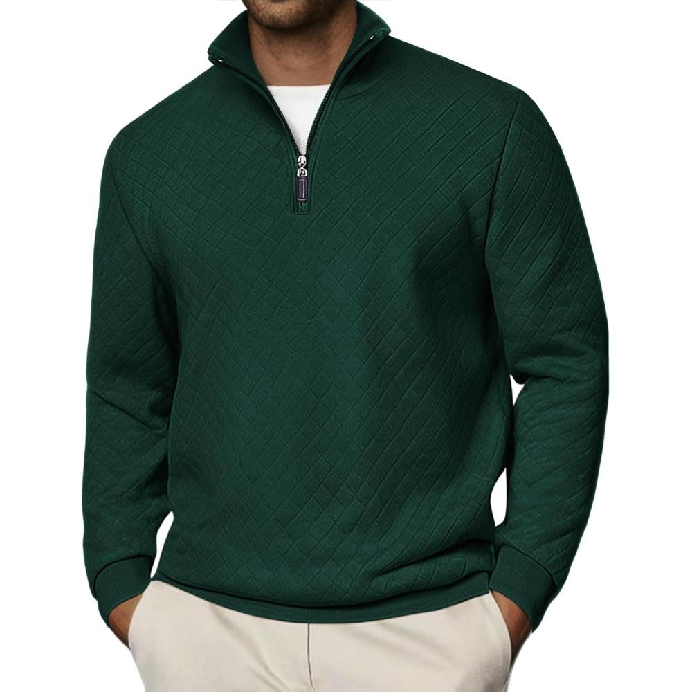 imageCOOFANDY Men Quarter Zip Pullover Long Sleeve Quilted Sweatshirt Waffle Casual Collared Sweatshirts Mock Neck Winter PoloLake Green