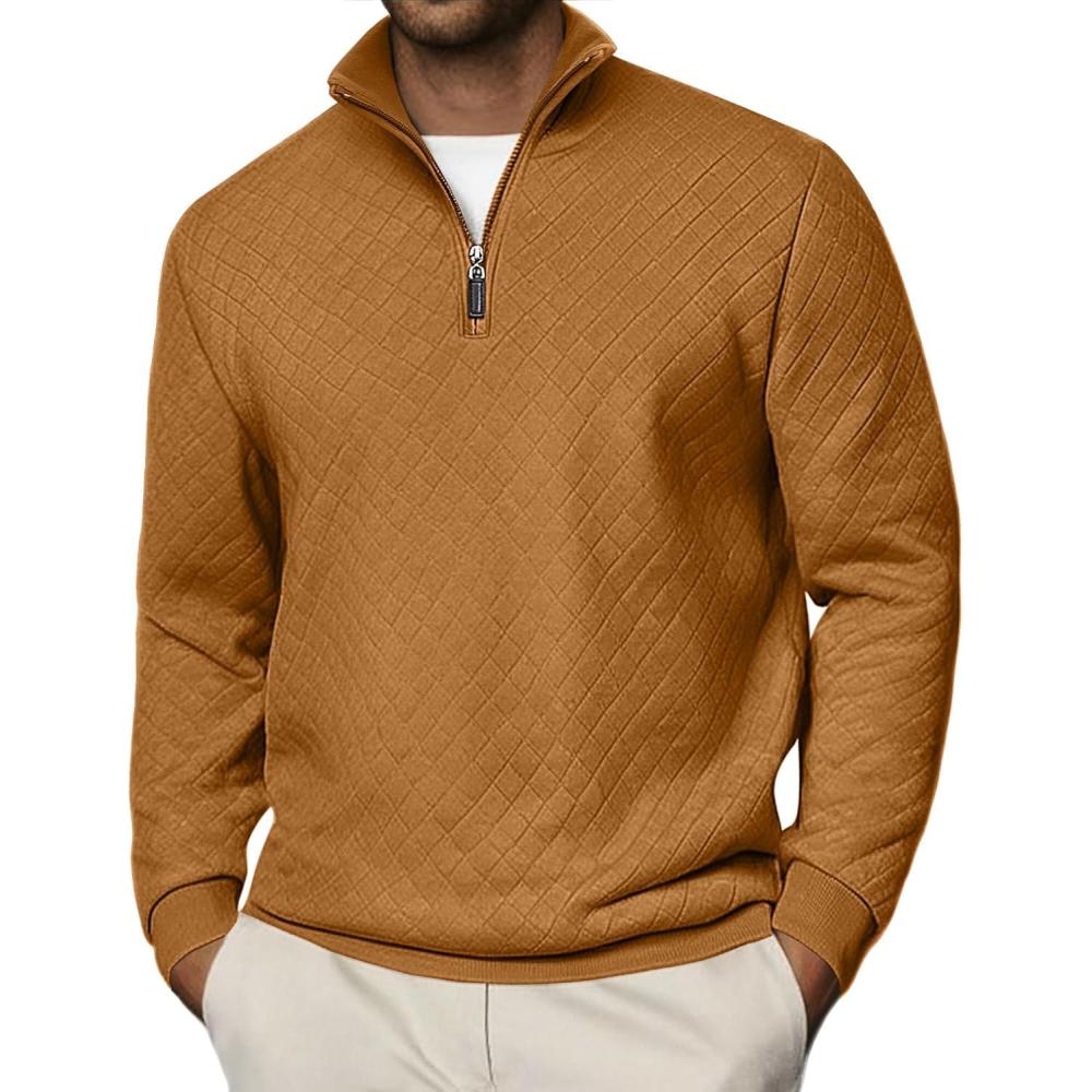 imageCOOFANDY Men Quarter Zip Pullover Long Sleeve Quilted Sweatshirt Waffle Casual Collared Sweatshirts Mock Neck Winter PoloLight Brown