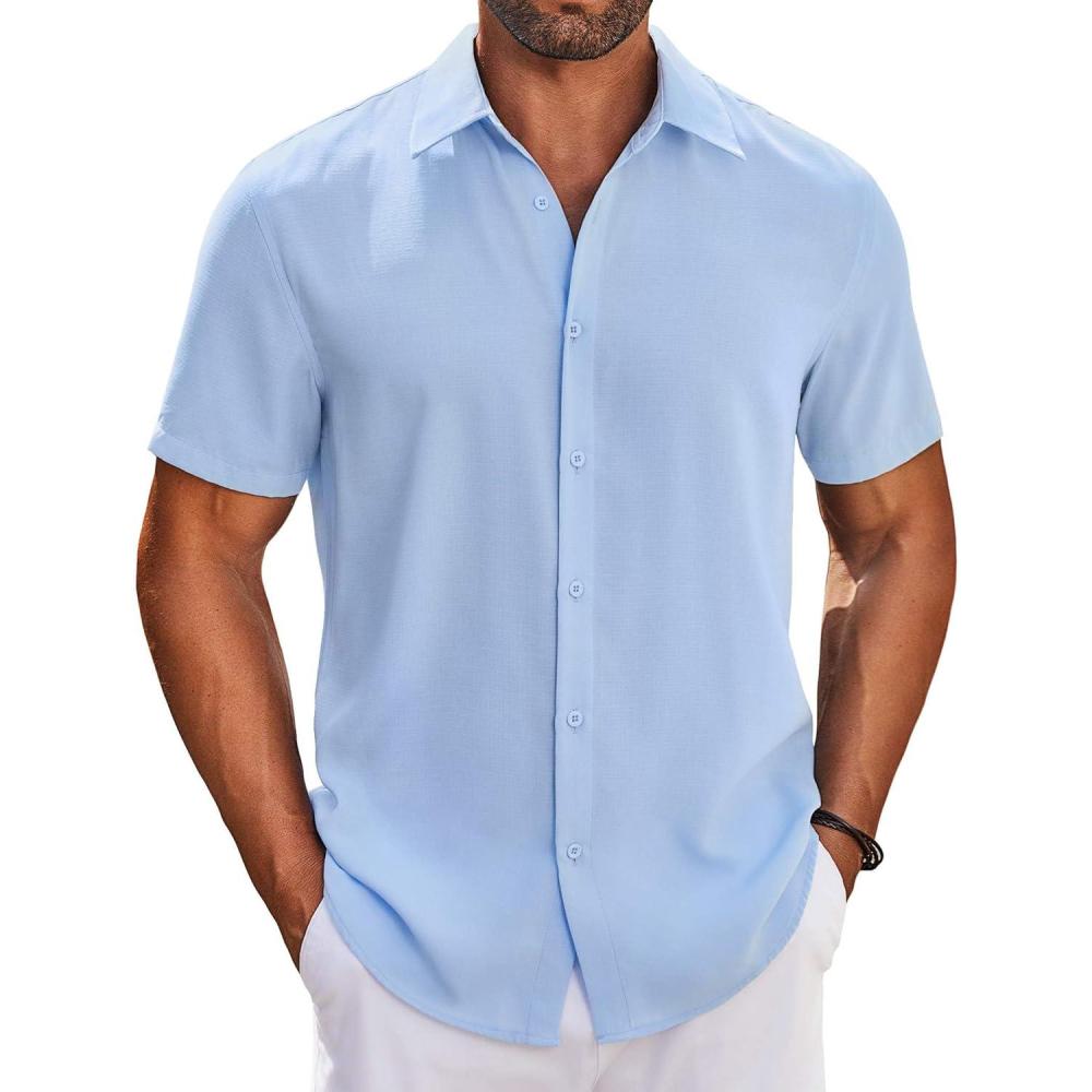 imageCOOFANDY Mens Button Down Shirts Short Sleeve Casual Shirt Summer Beach Wedding ShirtsLight Blue