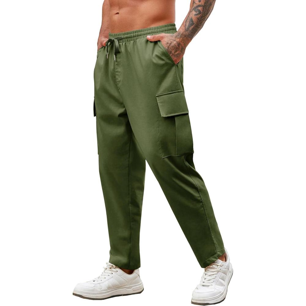 imageCOOFANDY Mens Cargo Pants Relaxed Fit Casual Linen Pants Drawstring Sweatpants with 6 PocketsArmy Green