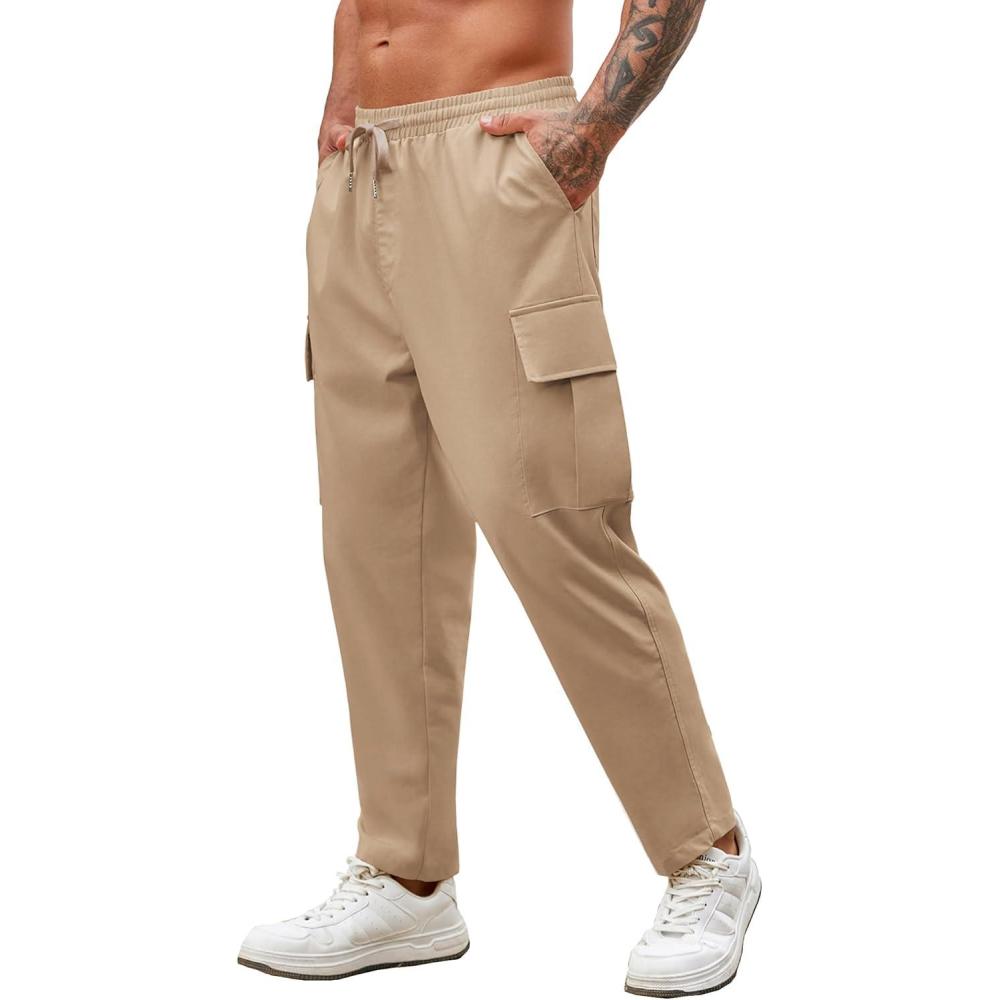imageCOOFANDY Mens Cargo Pants Relaxed Fit Casual Linen Pants Drawstring Sweatpants with 6 PocketsKhaki