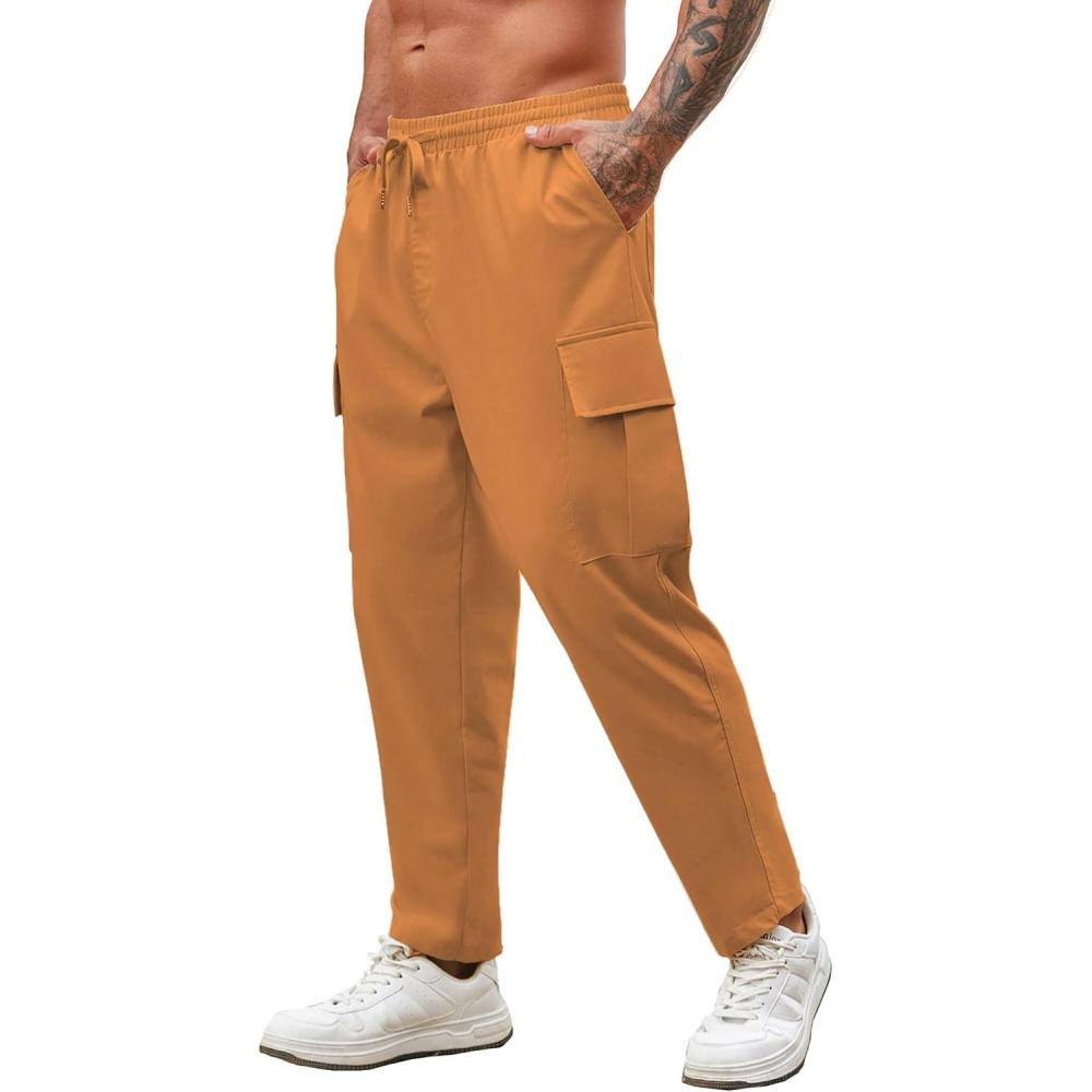 imageCOOFANDY Mens Cargo Pants Relaxed Fit Casual Linen Pants Drawstring Sweatpants with 6 PocketsLight Brown