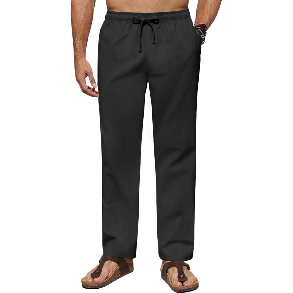 imageCOOFANDY Mens Casual Linen Pants Elastic Waist Drawstring Beach Summer Pants Lightweight Linen TrousersBlack