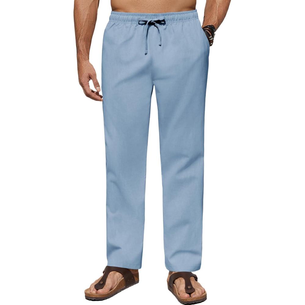 imageCOOFANDY Mens Casual Linen Pants Elastic Waist Drawstring Beach Summer Pants Lightweight Linen TrousersLight Blue