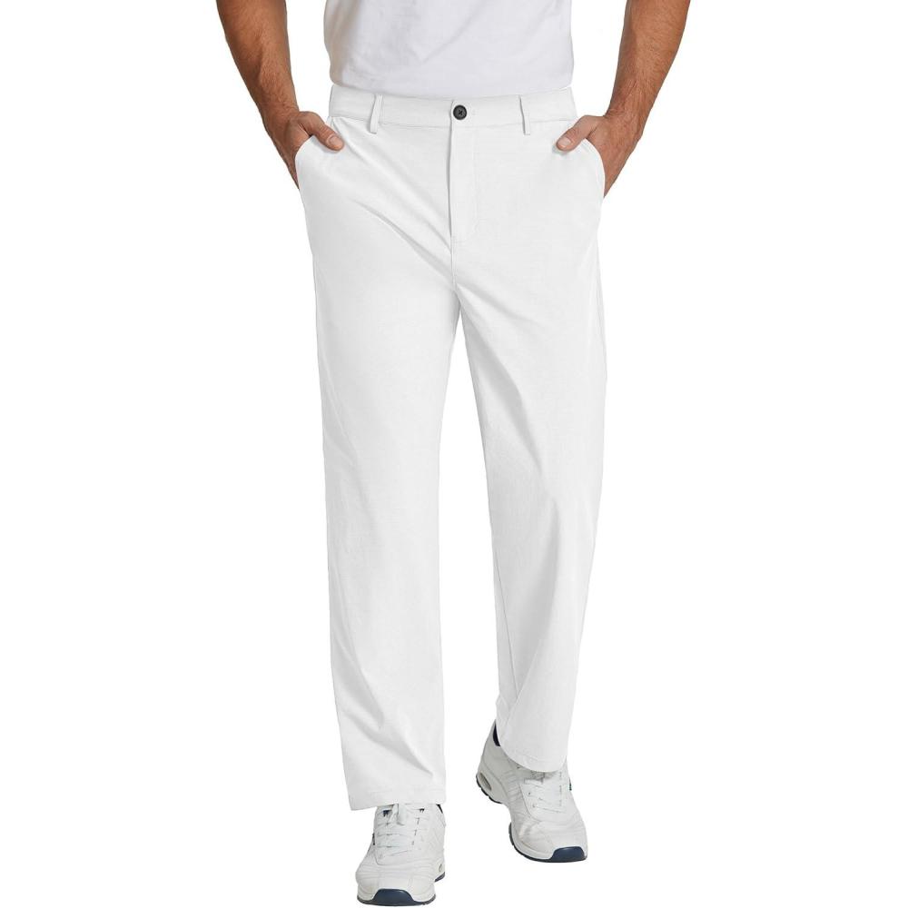 imageCOOFANDY Mens Casual Pants Classic Fit Flat Front Pants Lightweight Elastic Waist Golf Trousers with PocketsWhite