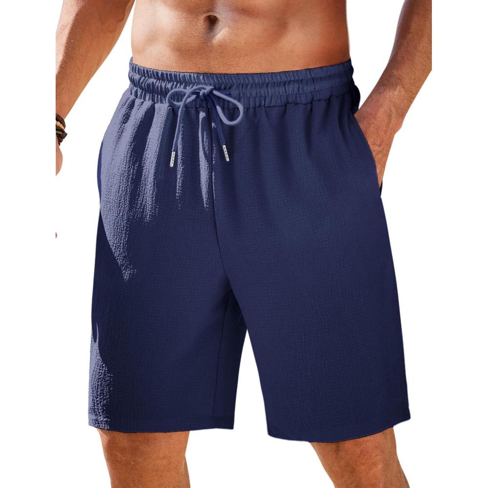 imageCOOFANDY Mens Casual Shorts Elastic Waist Drawstring Textured Summer Beach ShortNavy Blue