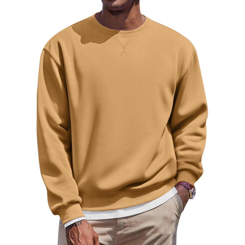 imageCOOFANDY Mens Fleece Crewneck Sweatshirt Casual Long Sleeve Pullover Fall Winter Warm Sweatshirts Fashion PulloversLight Tan