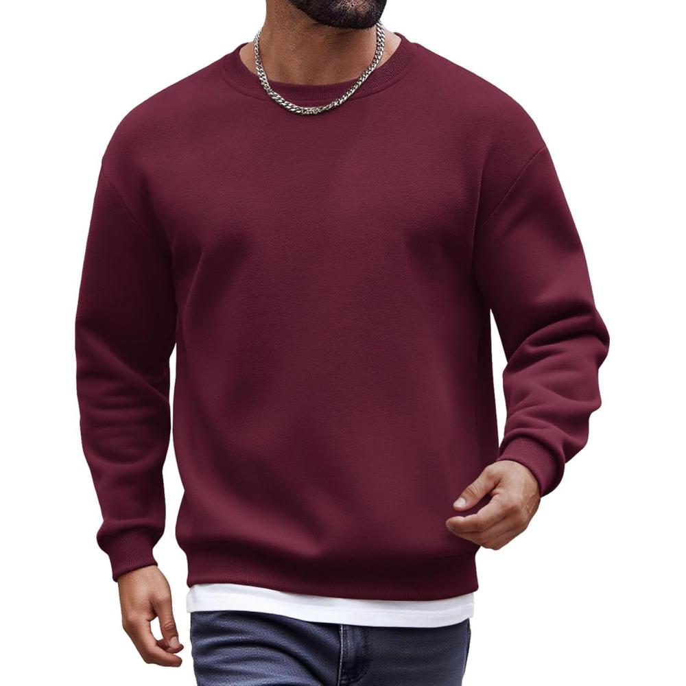 imageCOOFANDY Mens Fleece Crewneck Sweatshirt Cotton Long Sleeve Pullover Casual Thermal ShirtsDark Red