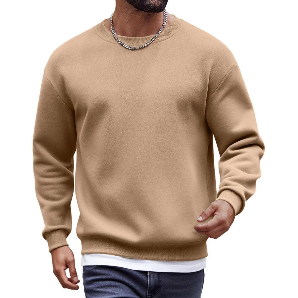imageCOOFANDY Mens Fleece Crewneck Sweatshirt Cotton Long Sleeve Pullover Casual Thermal ShirtsKhaki