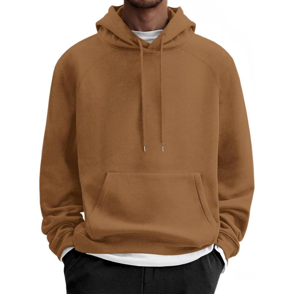 imageCOOFANDY Mens Fleece Hoodie Long Sleeve Hooded Sweatshirt Casual Basic Essential Drawstring Pullover Hoodie With PocketLight Brown