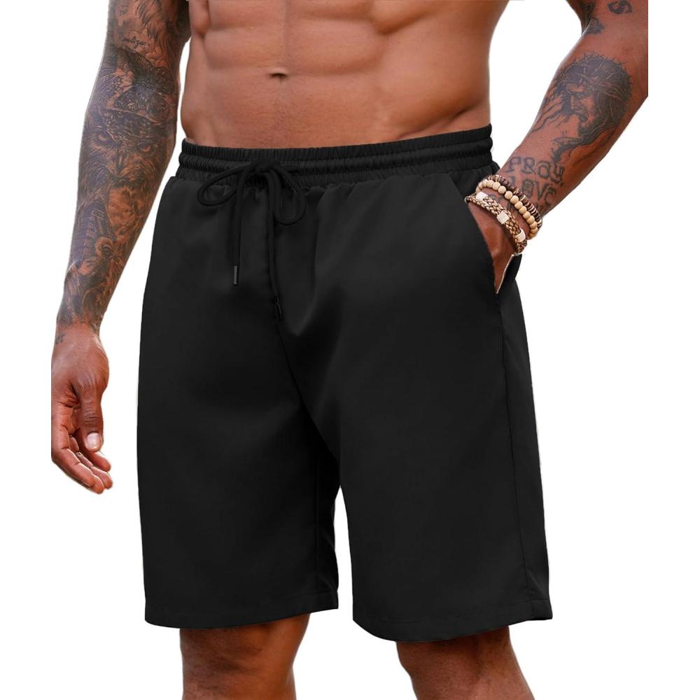 imageCOOFANDY Mens Hawaiian Beach Shorts Elastic Waist Drawstring Lightweight Summer Casual Shorts with PocketBlack