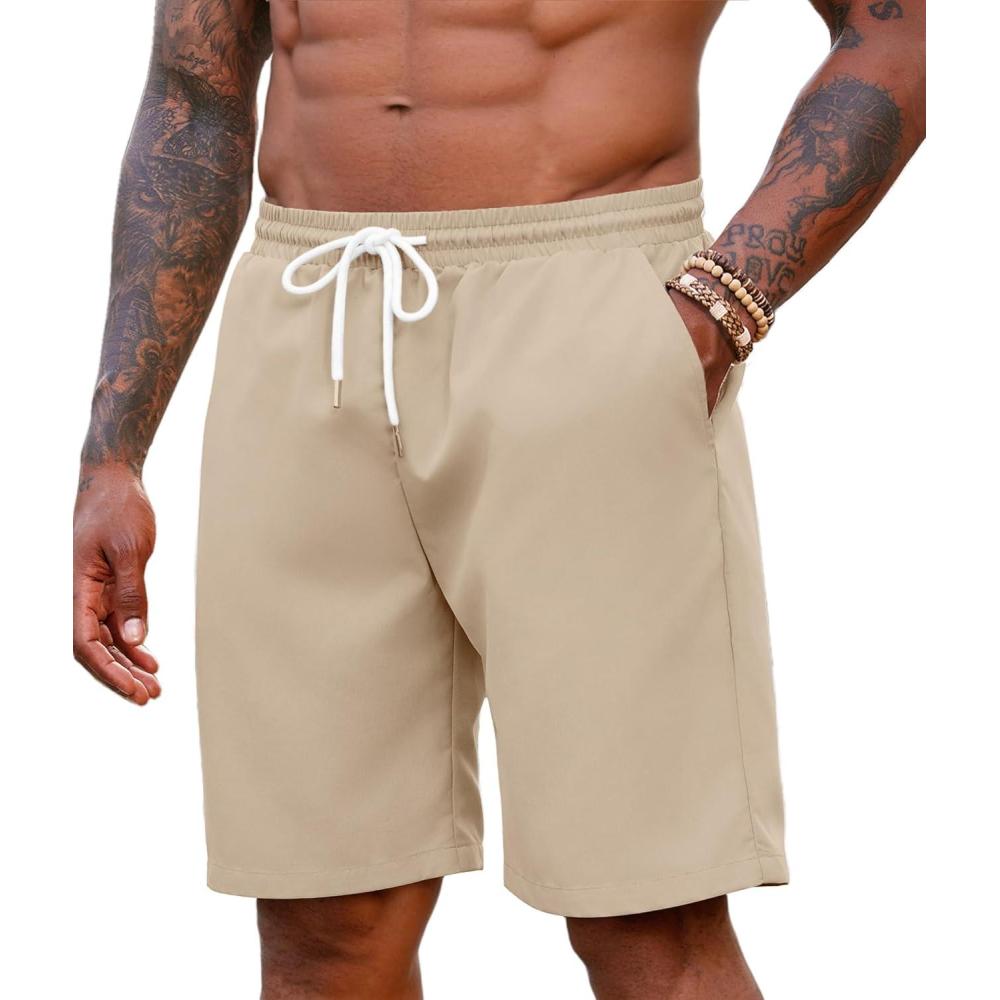imageCOOFANDY Mens Hawaiian Beach Shorts Elastic Waist Drawstring Lightweight Summer Casual Shorts with PocketLight Khaki