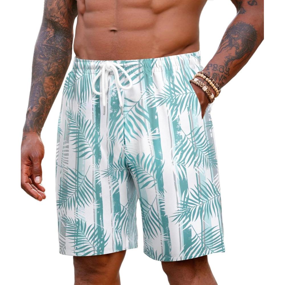imageCOOFANDY Mens Hawaiian Beach Shorts Elastic Waist Drawstring Lightweight Summer Casual Shorts with PocketWhitegreen Striped