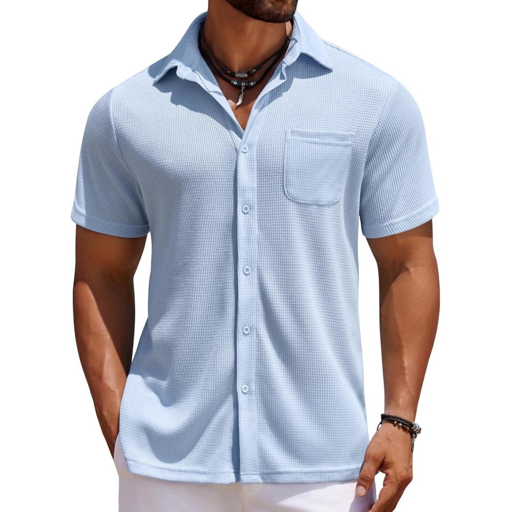 imageCOOFANDY Mens Knit Button Down Shirts Casual Short Sleeve Polo Shirt Summer Beach Shirts with PocketAngel Falls