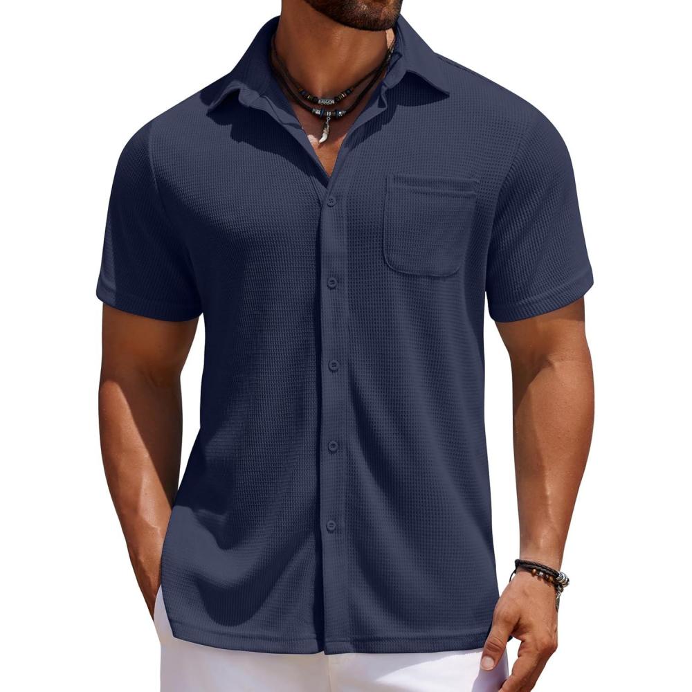 imageCOOFANDY Mens Knit Button Down Shirts Casual Short Sleeve Polo Shirt Summer Beach Shirts with PocketMedieval Blue