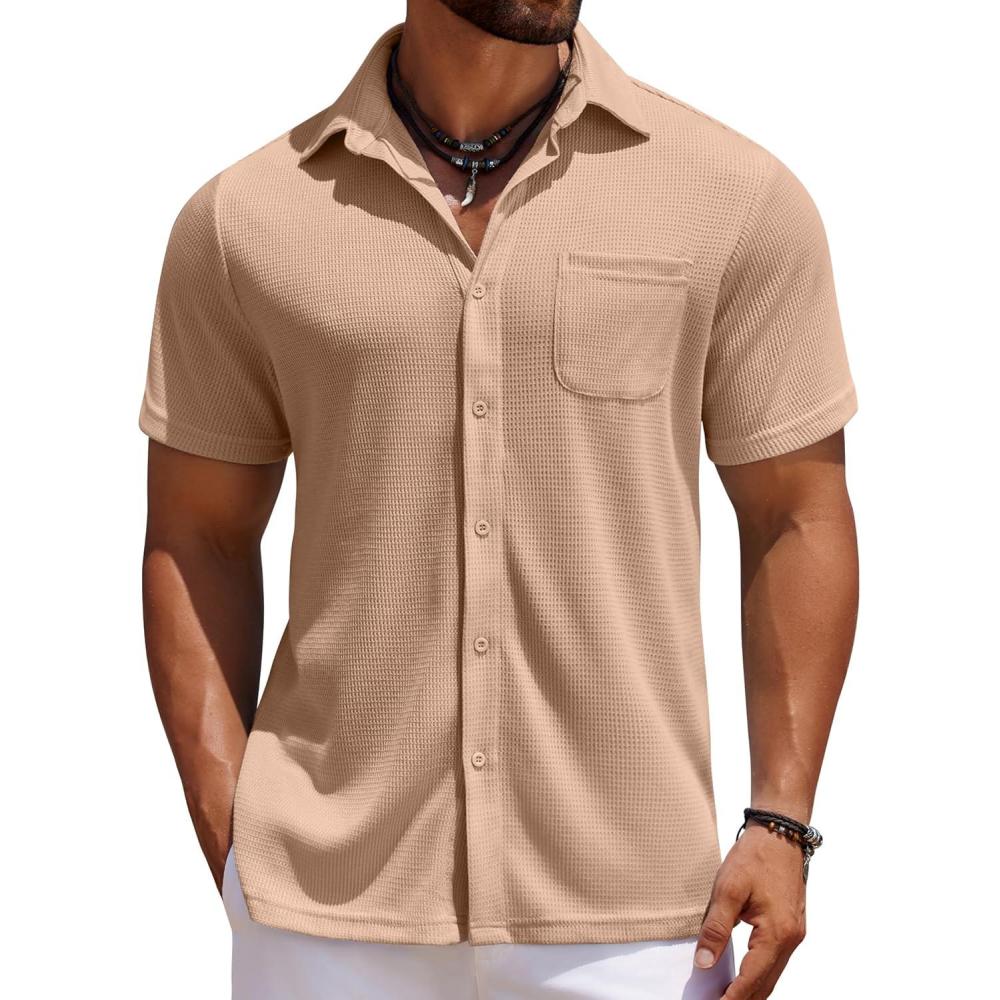 imageCOOFANDY Mens Knit Button Down Shirts Casual Short Sleeve Polo Shirt Summer Beach Shirts with PocketPorcini