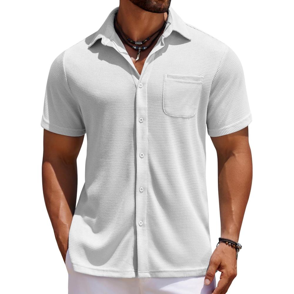 imageCOOFANDY Mens Knit Button Down Shirts Casual Short Sleeve Polo Shirt Summer Beach Shirts with PocketWhite
