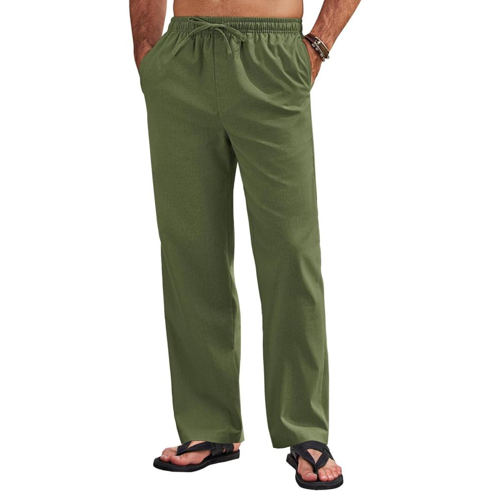 imageCOOFANDY Mens Linen Pants Casual Loose Fit Beach Summer Yoga Pant Lightweight Drawstring Linen TrousersArmy Green