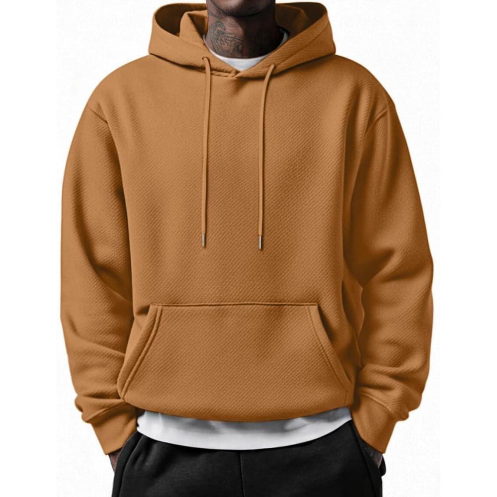 imageCOOFANDY Mens Long Sleeve Hooded Sweatshirt Casual Lightweight Hoodies Pullover Textured Drawstring Hoodie with Kanga PocketLight Brown