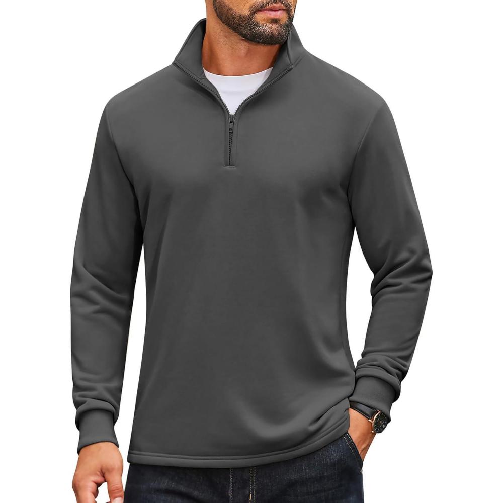 imageCOOFANDY Mens Quarter Zip Pullover Sweatshirt Mock Neck Quilted Sweatshirt Lightweight Casual Long Sleeve Polo ShirtDark Grey