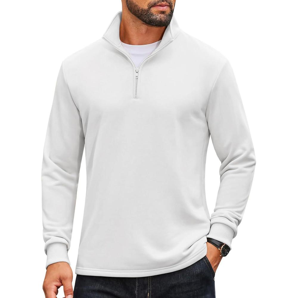 imageCOOFANDY Mens Quarter Zip Pullover Sweatshirt Mock Neck Quilted Sweatshirt Lightweight Casual Long Sleeve Polo ShirtWhite