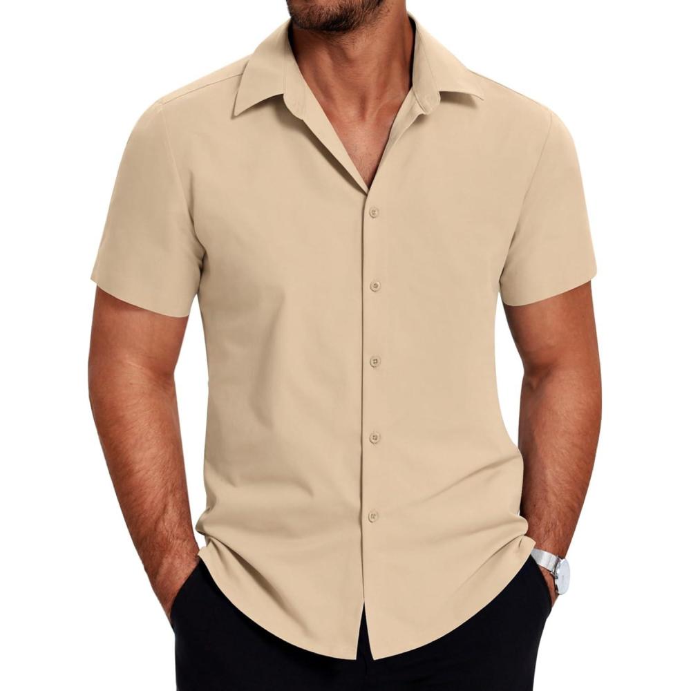 imageCOOFANDY Mens Short Sleeve Button Down Shirt Lightweight Wrinkle Free Untucked Dress ShirtsLight Coffee