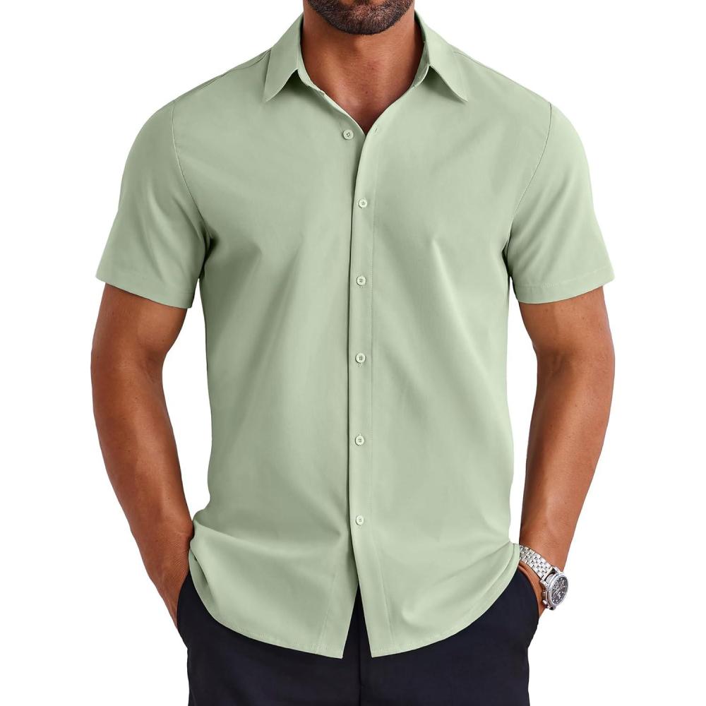 imageCOOFANDY Mens Short Sleeve Button Down Shirt Lightweight Wrinkle Free Untucked Dress ShirtsLight Green
