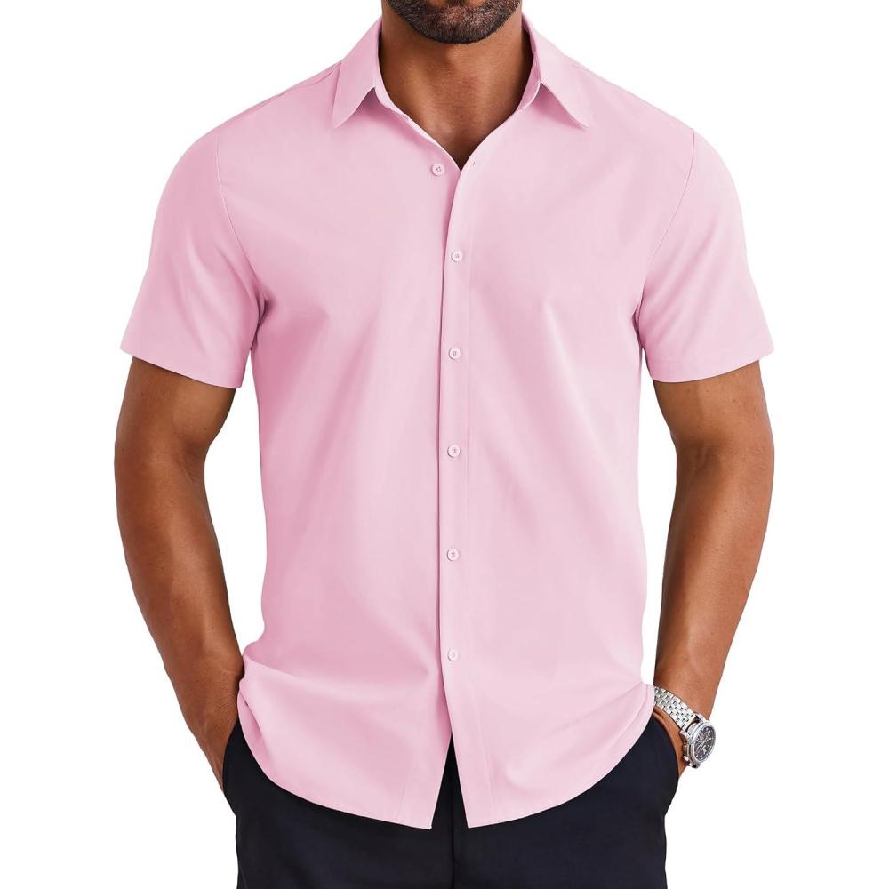 imageCOOFANDY Mens Short Sleeve Button Down Shirt Lightweight Wrinkle Free Untucked Dress ShirtsLight Pink