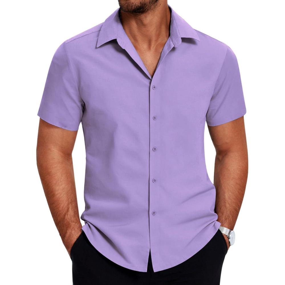 imageCOOFANDY Mens Short Sleeve Button Down Shirt Lightweight Wrinkle Free Untucked Dress ShirtsLight Purple
