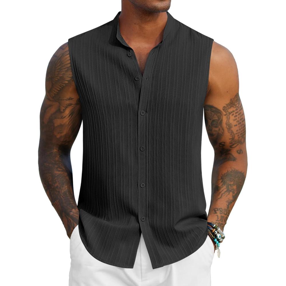 imageCOOFANDY Mens Sleeveless Summer Shirts Beach Tank Tops Button Up Textured Tank Shirt for VacationBlack