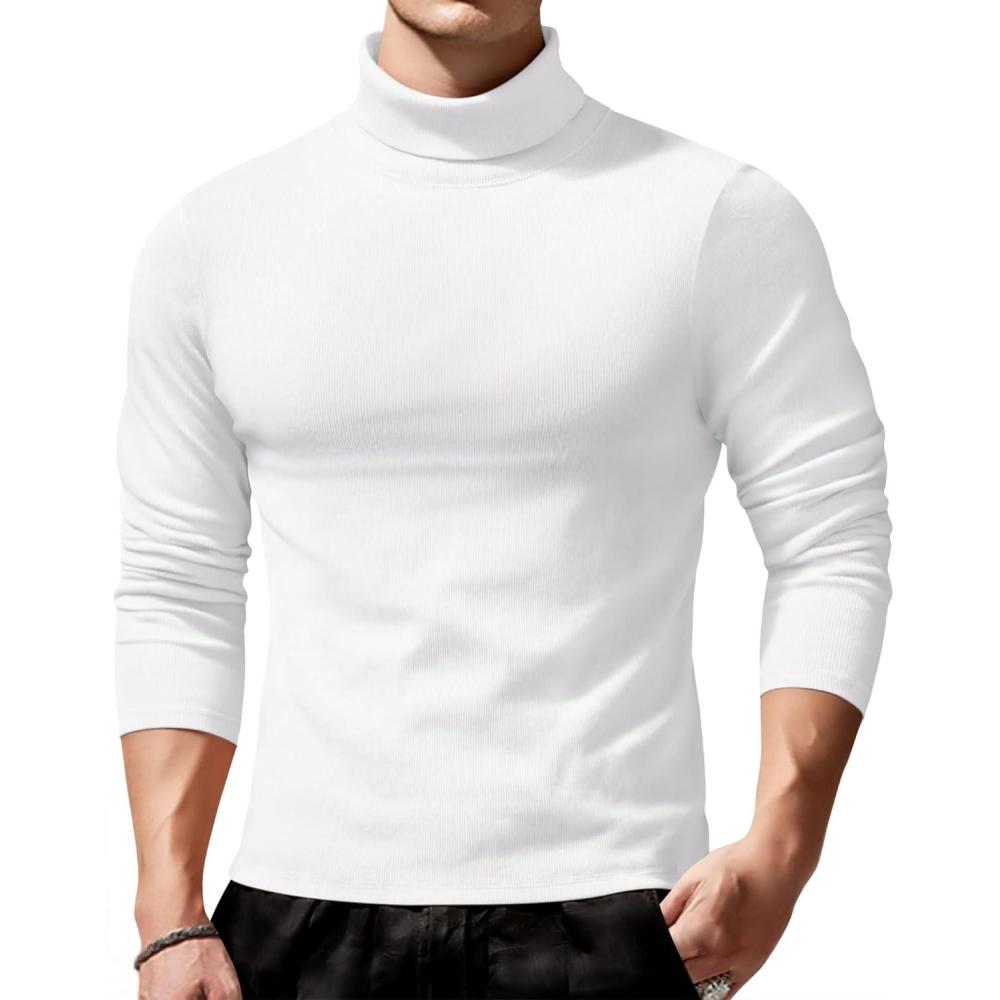 imageCOOFANDY Mens Slim Fit Turtleneck Sweater Long Sleeve Ribbed Turtle Neck Casual Lightweight Basic Pullover SweatersWhite