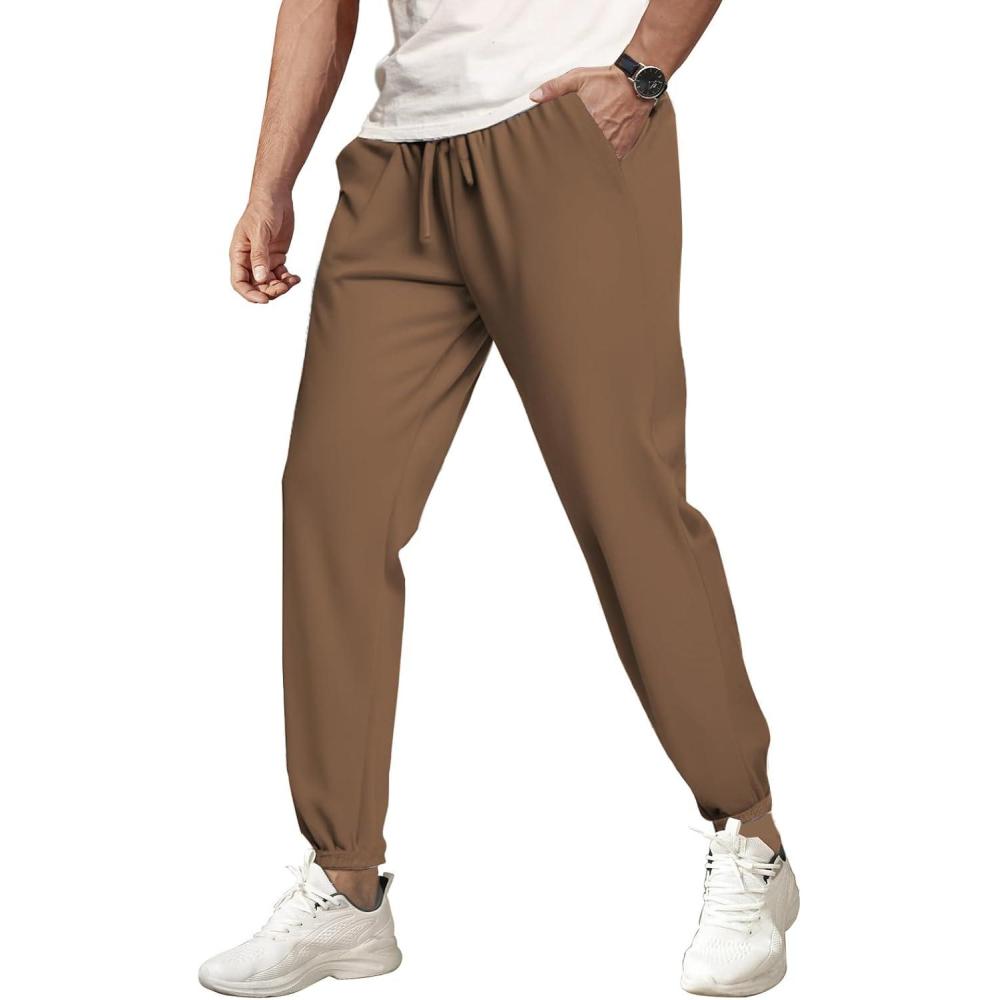 imageCOOFANDY Mens Waffle Jogger Lightweight Drawstring Casual Pants Slim Fit Jogger Sweatpants with PocketsBrown