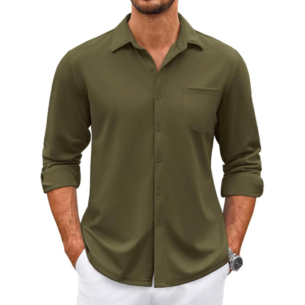 imageCOOFANDY Mens Wrinkle Free Dress Shirts Long Sleeve Untucked Shirts Casual Button Down ShirtsArmy Green
