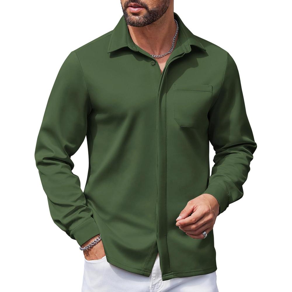 imageCOOFANDY Mens Wrinkle Free Dress Shirts Long Sleeve Untucked Shirts Casual Button Down ShirtsDark Army Green