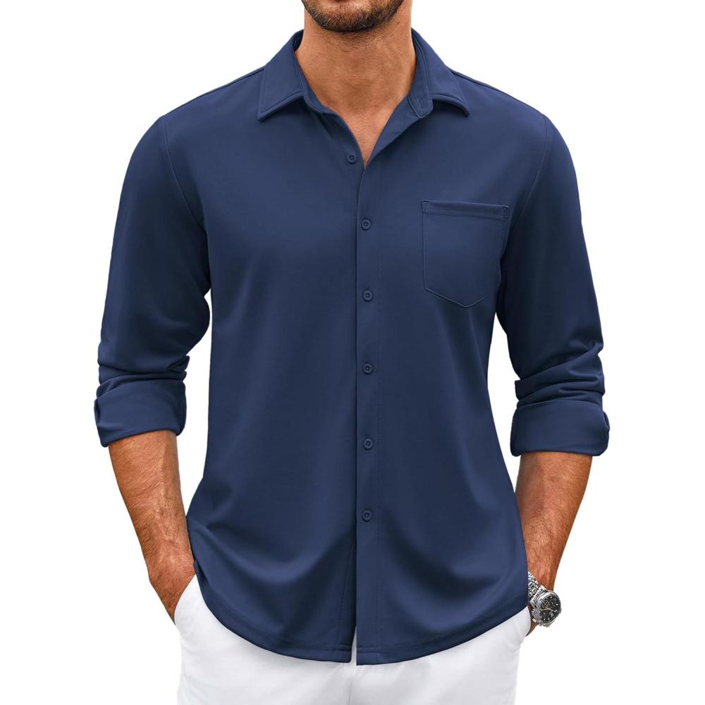 imageCOOFANDY Mens Wrinkle Free Dress Shirts Long Sleeve Untucked Shirts Casual Button Down ShirtsDark Blue