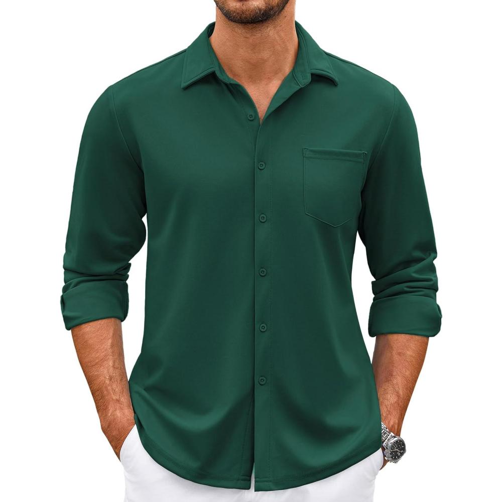 imageCOOFANDY Mens Wrinkle Free Dress Shirts Long Sleeve Untucked Shirts Casual Button Down ShirtsLake Green