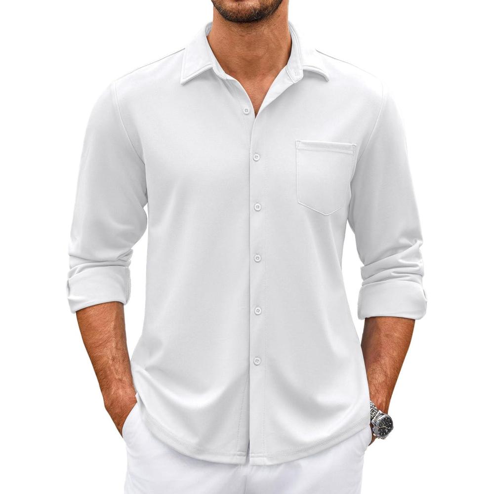 imageCOOFANDY Mens Wrinkle Free Dress Shirts Long Sleeve Untucked Shirts Casual Button Down ShirtsWhite