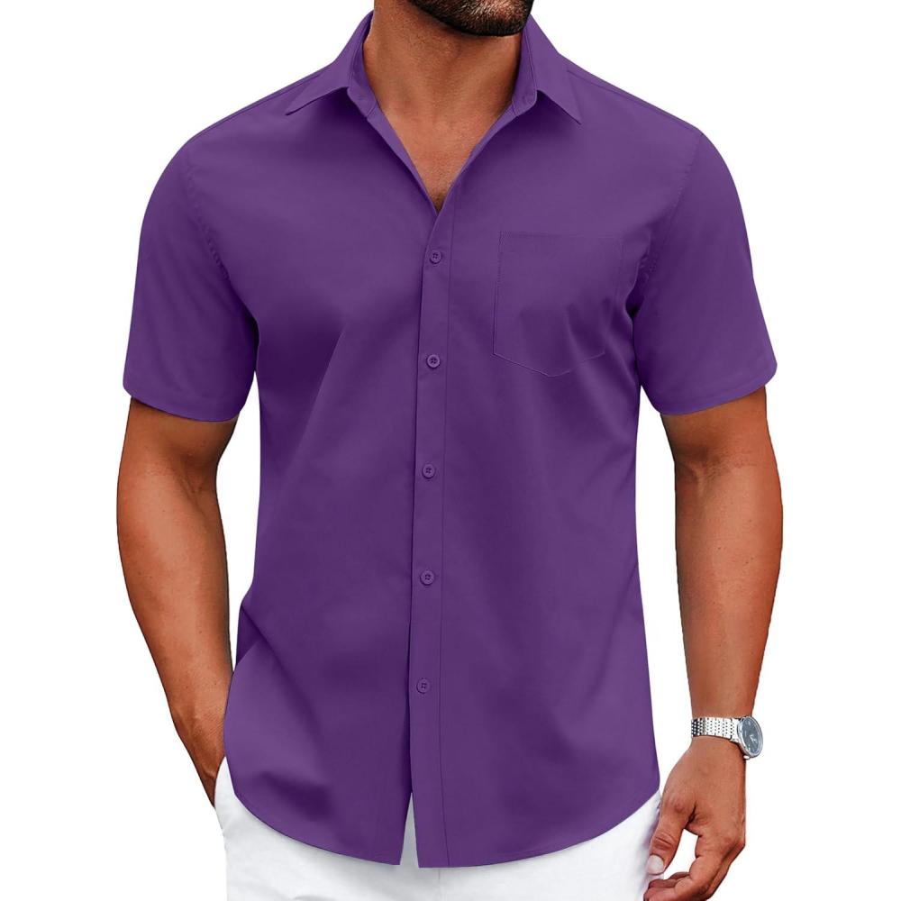 imageCOOFANDY Mens Dress Shirts Short Sleeve Business Casual Shirts Regular Fit Casual Button Down Untucked ShirtsPurple