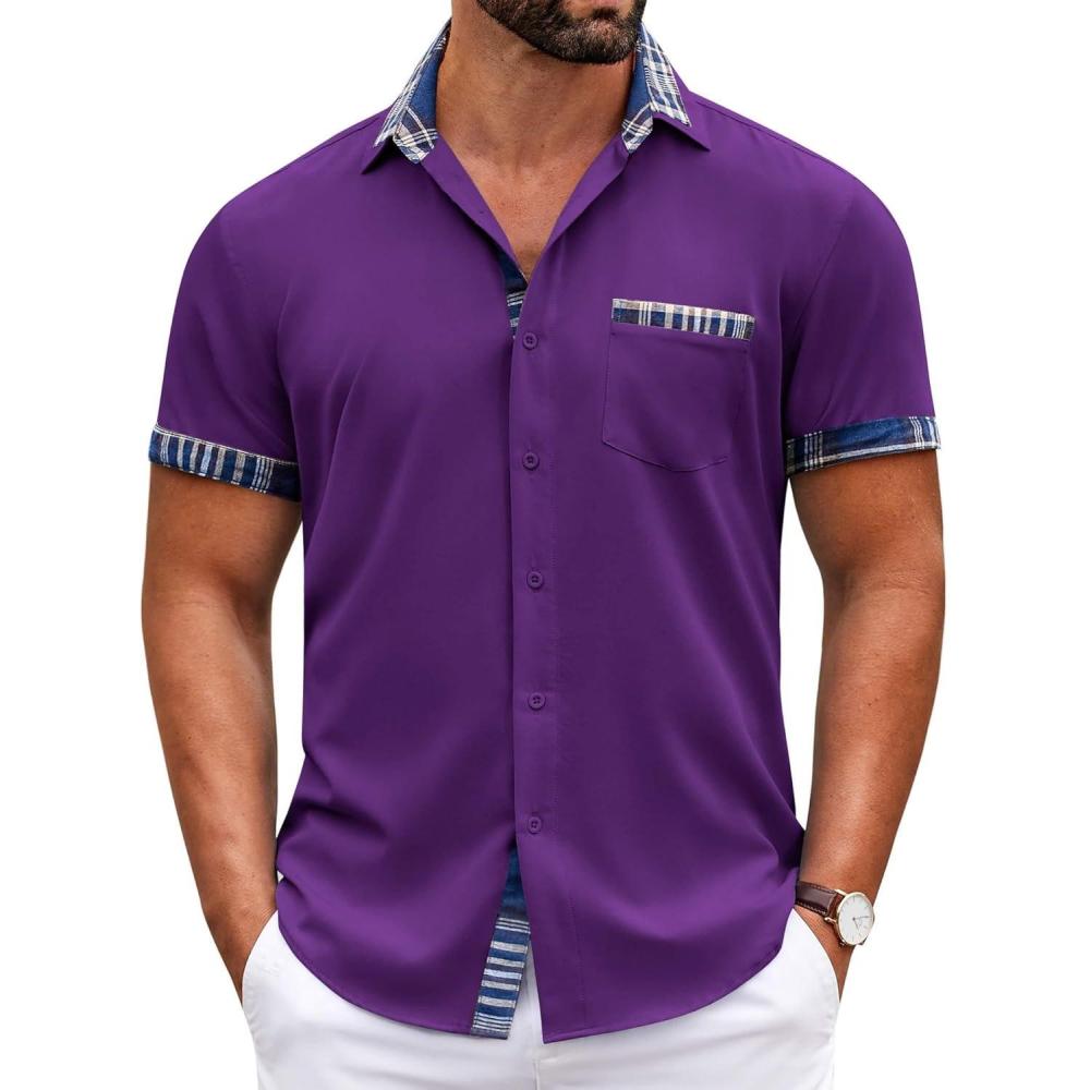 imageCOOFANDY Mens Short Sleeve Button Down Shirts Casual Wrinkle Free Dress Shirt Plaid Collar Summer ShirtsDark Purple