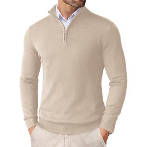 COOFANDY Men’s Quarter Zip Up Sweaters Slim Fit Lightweight Mock Neck Pullover Casual Polo Sweaters(Cream)