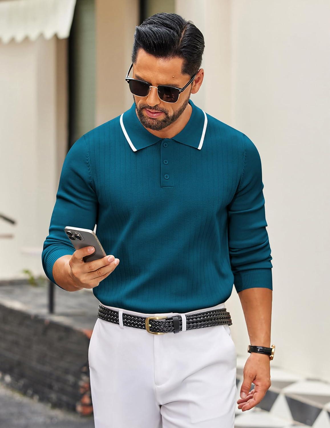 imageCOOFANDY Mens Knit Polo Sweater Casual Long Sleeve Polo Sweater Lightweight Button Down Golf Pullover SweatersBlue Green