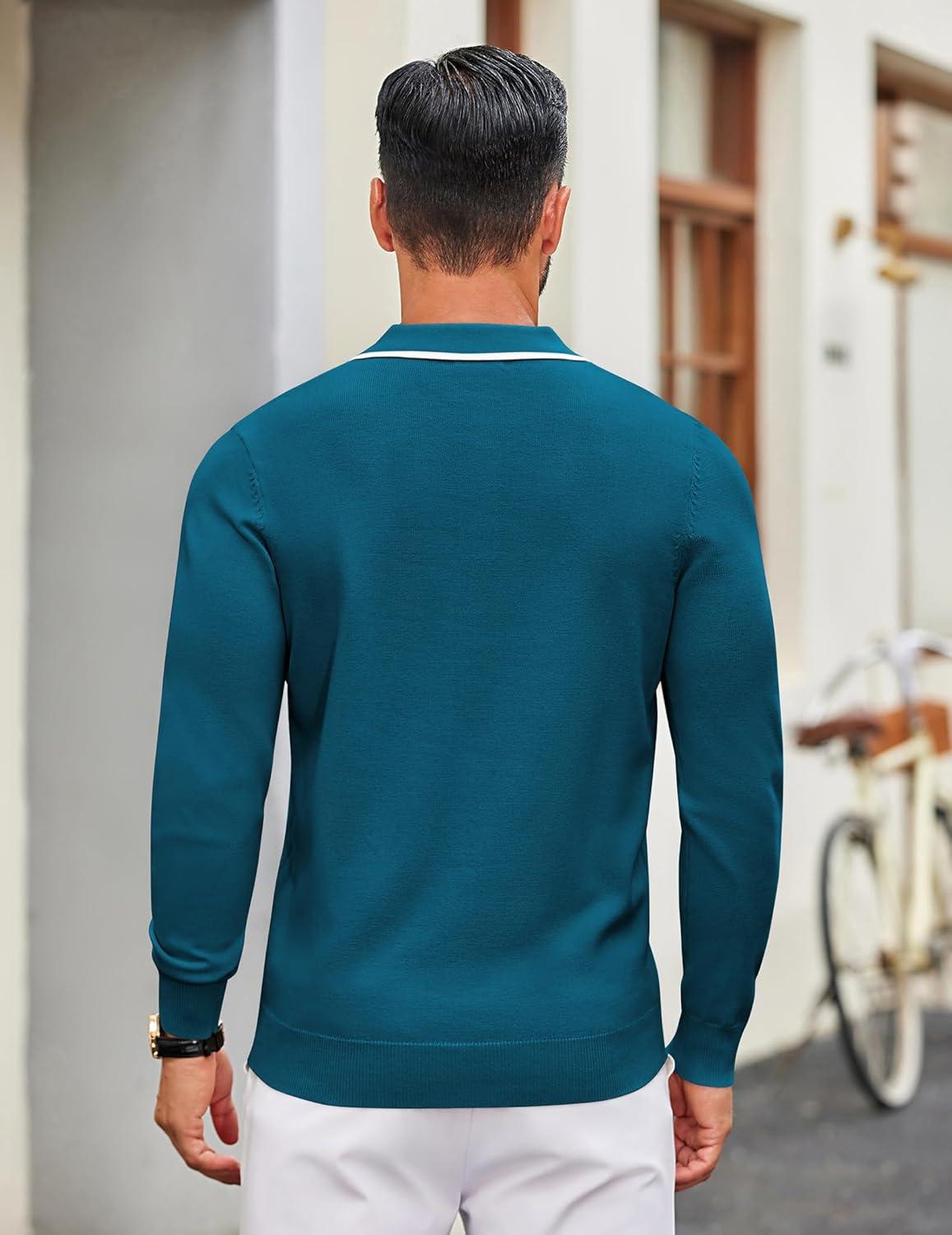 imageCOOFANDY Mens Knit Polo Sweater Casual Long Sleeve Polo Sweater Lightweight Button Down Golf Pullover SweatersBlue Green
