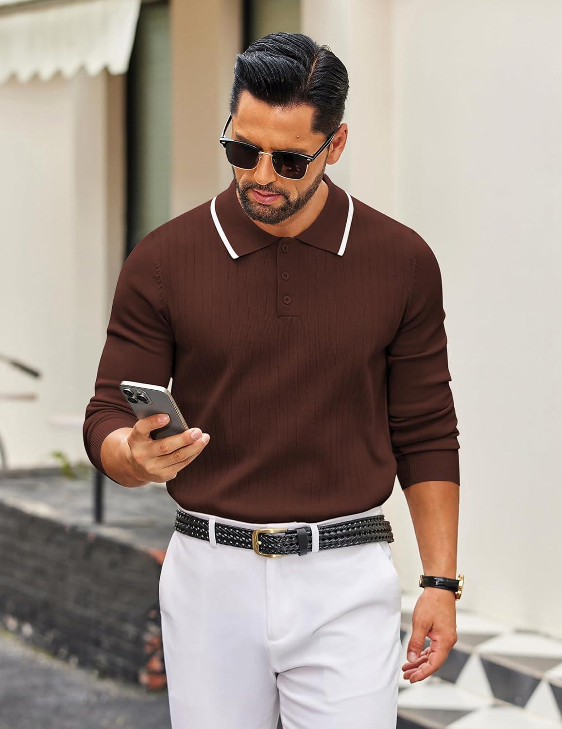 imageCOOFANDY Mens Knit Polo Sweater Casual Long Sleeve Polo Sweater Lightweight Button Down Golf Pullover SweatersBrown