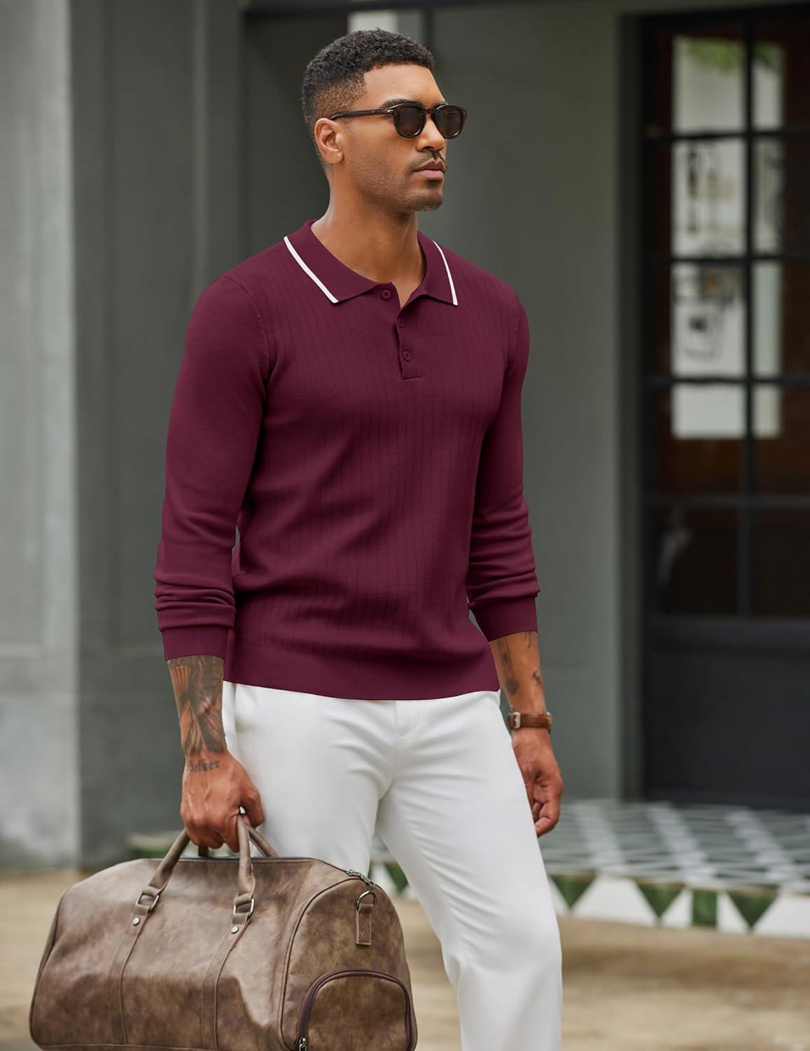 imageCOOFANDY Mens Knit Polo Sweater Casual Long Sleeve Polo Sweater Lightweight Button Down Golf Pullover SweatersDark Red