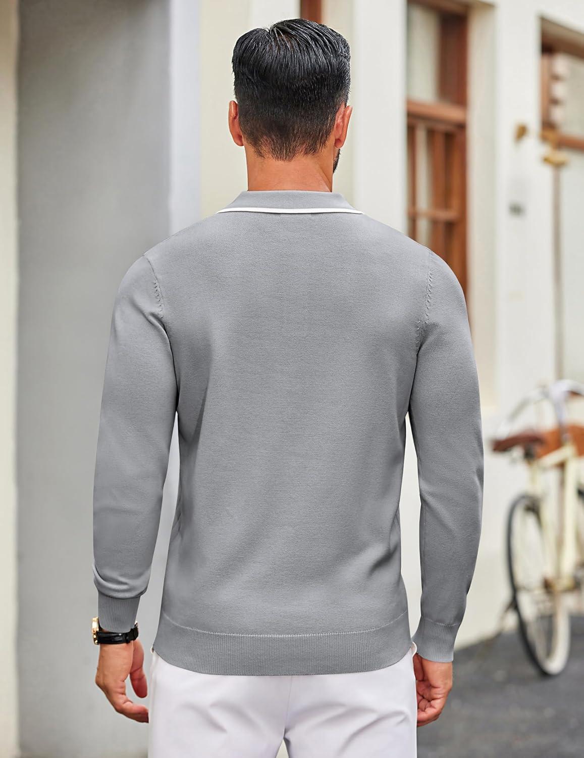 imageCOOFANDY Mens Knit Polo Sweater Casual Long Sleeve Polo Sweater Lightweight Button Down Golf Pullover SweatersLight Grey